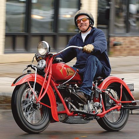 The 1937 Indian Four has support despite the controversy surrounding it and its upside-down 4-cylinder design. (Story by Margie Siegal, photos by Sedrick Mitchell. Motorcycle Classics, July/August 2015) Indian Cycle, Indian Motorbike, Indian Motors, Vintage Indian Motorcycles, Antique Motorcycles, Happy Man, Motorcycle Black, Indian Motorcycles, American Motorcycles