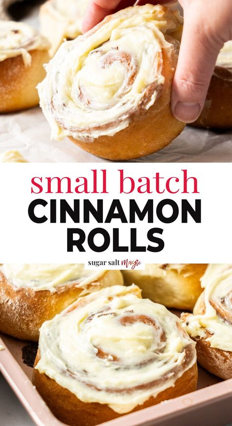 These easy small batch cinnamon rolls with cream cheese frosting are soft, fluffy and taste amazing. Perfect for 2-4 people, they can even be prepared ahead. Perfect, gooey cinnamon rolls loaded with cinnamon flavour and a gorgeous sweet and tangy cream cheese frosting just got even easier. With this small batch cinnamon rolls recipe, there's no need to wrangle with a big batch of dough or try to eat a dozen rolls in one day because this recipe makes just 4 perfect rolls. Easy Small Batch Cinnamon Rolls, Cinnamon Rolls Small Batch, Small Batch Cinnamon Rolls, Sweet Baking Recipes, One Dish Recipes, Gooey Cinnamon Rolls, Cinnamon Rolls With Cream Cheese, Cinnamon Rolls With Cream, Easy Desserts Recipes