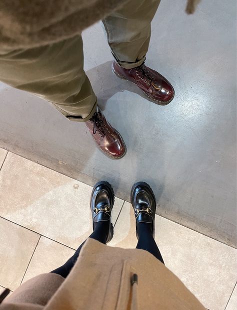 cherry red doc martens, couples outfit inspo, shoes, preppy, gucci leather lug sole horsebit loafer, couple, lovers, matching shoes, loafers, docs, relationship Horsebit Loafers Outfit, Cherry Red Doc Martens, Shoes Preppy, Red Doc Martens, Doc Martens Outfit, Couples Outfit, Loafer Style, Matching Shoes, Shoe Inspiration