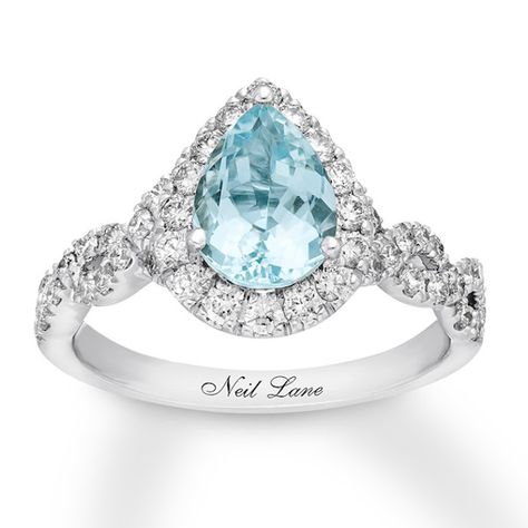 A pear-shaped aquamarine center adds vintage-inspired detail to this glamorous Neil Lane Studio engagement ring. Sparkling round diamonds twist along the band and add brilliance to the center to complete the look. Fashioned in polished 14K white gold, the ring has a total diamond weight of 3/4 carat. Neil Lane, Aquamarine Engagement Ring, Engagement Ring White Gold, Rose Engagement Ring, Halo Engagement Rings, Bridal Ring Set, Wedding Flower, White Ring, 1 Carat