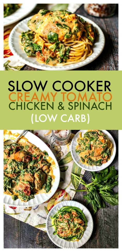 Creamy Tomato Chicken, Spinach Dish, Chicken Spinach Recipes, Low Carb Slow Cooker Recipes, Keto Slow Cooker, Tomato Chicken, Keto Crockpot Recipes, Chicken Spinach, Slow Cooker Desserts