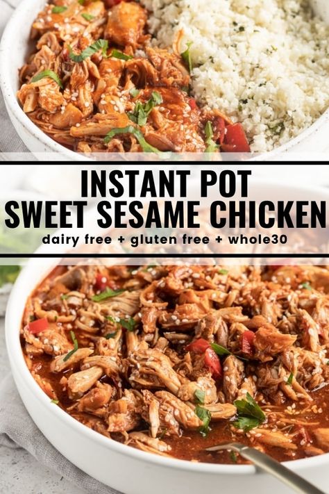 Instant Pot Sweet Sesame Chicken is healthy, gluten free, dairy free, and totally delicious! This easy chicken recipe is a great way to start using your Instant Pot. The finished chicken is saucy so serve it over cauliflower rice, traditional rice, or roasted veggies. Sweet Sesame Chicken, Gluten Free Instant Pot Recipes, Gluten Free Instant Pot, Easy Chicken Recipe, Dairy Free Recipes Dinner, Chicken Sweet Potato, Sesame Chicken, Gluten Free Dairy Free Recipes, Sweet Potato Soup