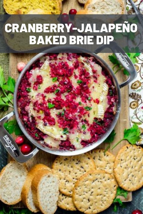 Cranberry-Jalapeño Baked Brie Dip | Gooey melted brie doesn't need a lot of improvement—it's pretty much perfect as is. But combined with a mixture of minced cranberries and a bit of jalapeño, it transforms into a bright and flavorful party favorite.  #comfortfood #dinnerrecipes #dinnerinspiration #weekendfood #seriouseats #recipes Cranberry Jalapeño Brie Dip, Mexican Brie Appetizer, Cranberry Brie Jalapeno Poppers, Cranberry Brie Dip, Brie Dip Recipes, Baked Brie Cranberry, Brie Dip, Jalapeno Appetizer, Brie Cheese Recipes