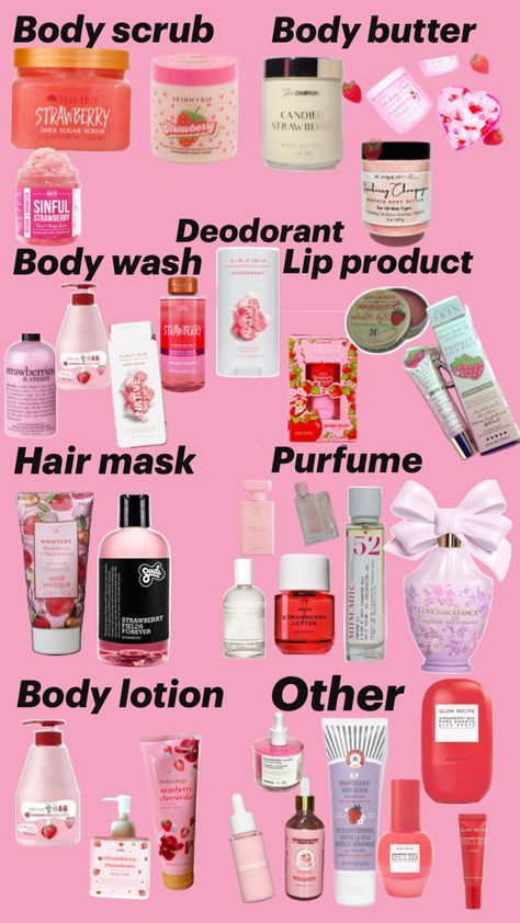 Perfume deodorant lotion body wash and some extras in strawberry scent Strawberry Deodorant, Scent Routine, Scented Body Wash, Strawberry Scent, Body Wash, Body Lotion, Deodorant, Lotion, Hair