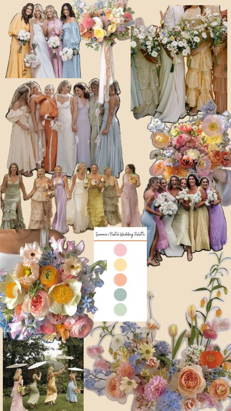 Wedding Aesthetics Color Schemes, Wild Flower Wedding Palette, Spring Color Wedding Theme, Mixed Color Bridesmaid Dresses Spring, Mismatched Bridesmaid Dresses Floral, Wedding Ideas Summer Colors, Brides Maids Color Schemes, 2026 Wedding Colors, Mix Match Bridesmaid Dresses Spring