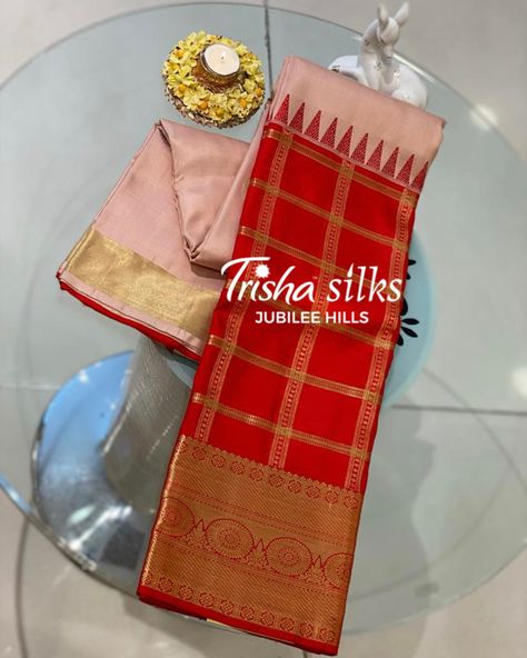 This Classic Peach colour Kanchipuram Silk Saree in contrast Red combination is perfectly suited for any event. Store Address : 36 Jubilee Hills, Beside KIA Motors, Hyderabad- 500033. #silksaree #kancheepuram #handwoven #indianwear #sareelove #handloomsaree Red Combination, Peach Colour, Kia Motors, Kanchipuram Silk Saree, Handloom Saree, Indian Wear, Hyderabad, Silk Saree, Silk Sarees