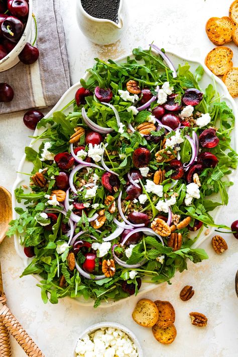 Cherry Arugula Farro Salad How To Cook Farro, Simple Balsamic Vinaigrette, Big Salads, Cherry Salad, Farro Recipes, Cherries Salad, Homemade Balsamic Vinaigrette, Vegetarian Mains, Salad Inspiration