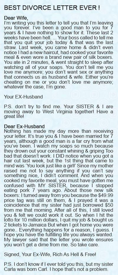 Best divorce letter ever Divorce Letter, Jokes Clean, Women Rule, 4 Panel Life, Divorce Humor, Funny As Hell, Six Feet Under, Misha Collins, Letter I