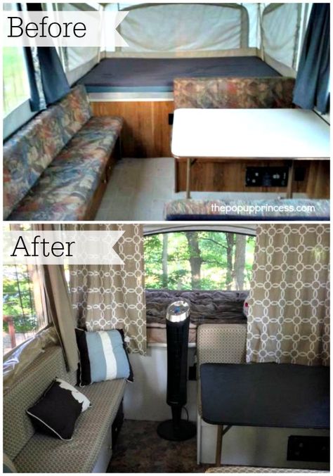 Amazing pop up camper remodel.  This gal did amazing things on a small budget! Tent Trailer Remodel, Pop Up Campers, Pop Up Princess, Popup Camper Remodel, Pop Up Tent Trailer, Camper Diy, Camping Vintage, Pop Up Trailer, Camping Diy