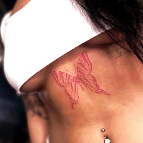 Red Butterfly Tattoo Stomach, Red Butterfly Tattoo Chest, Butterfly On Stomach Tattoo, Butterfly On Chest Tattoo, Butterfly Buttcheek Tattoo, Stomach Butterfly Tattoo, Butterfly Tattoo Between Breast, Red Ink Tattoos On Black People, Tattoo Ideas With Deep Meaning