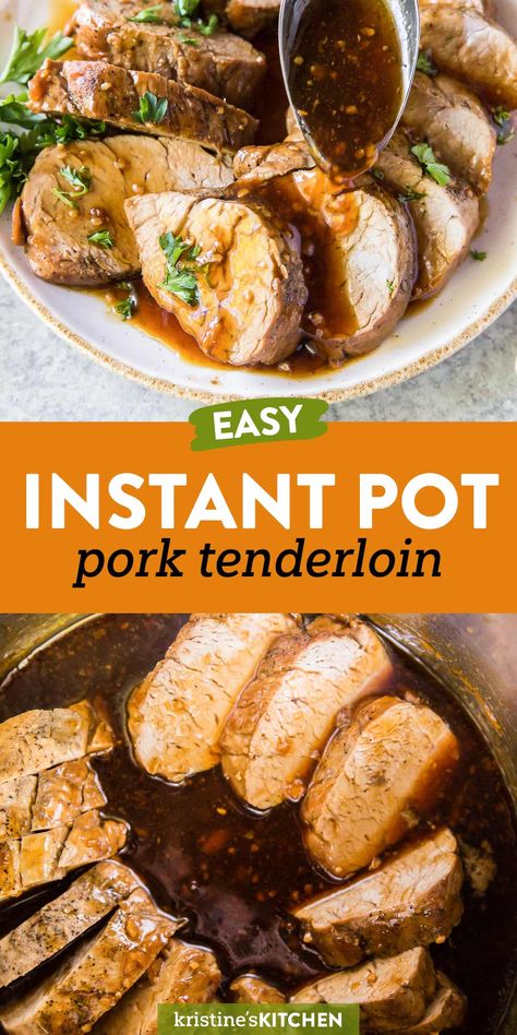 With a cook time of just 4 minutes, this Instant Pot Pork Tenderloin is a quick and easy dinner recipe! Juicy, tender pork drizzled with a sweet and savory honey garlic sauce is a meal the whole family will love. Serve it with mashed potatoes or sweet potatoes and green veggie. Pork Tenderloin Recipes Instant Pot, Pressure Cooker Pork Tenderloin, Instant Pot Pork Tenderloin Recipe, Instant Pot Pork Tenderloin, Best Pressure Cooker Recipes, Pressure Cooker Pork, Easy Pressure Cooker Recipes, Dinner Favorites, Kitchen Top