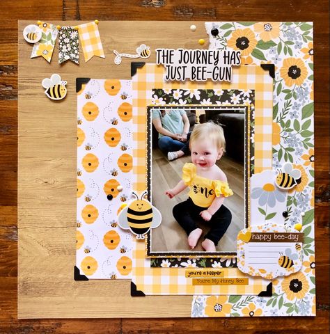 Bee Scrapbook Ideas, Echo Park Bee Happy Layouts, Bee Scrapbook Layout, Echo Park Bee Happy, Echo Park Layouts, Bee Scrapbook, Summer Scrapbook Layouts, Friend Scrapbook, Scrapbook Design Layout