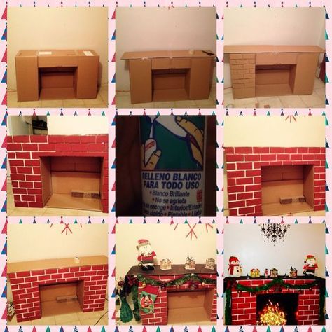 Christmas Desk Decorations, Christmas Cubicle Decorations, Diy Christmas Fireplace, Cardboard Fireplace, Fake Fireplace, Christmas Fireplace Decor, Easy Christmas Decorations, Office Christmas Decorations, Diy Fireplace