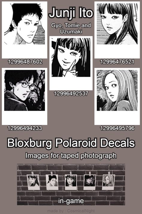 Bloxburg Decals Codes Demon Slayer, Anime Poster Bloxburg, Polaroid Decals Bloxburg, Anime Bloxburg Decals, Kirie Junji Ito, Bloxburg Polaroid Decals, Bloxburg Decal Id, Junji Ito Wallpaper, Royale High Journal Ideas