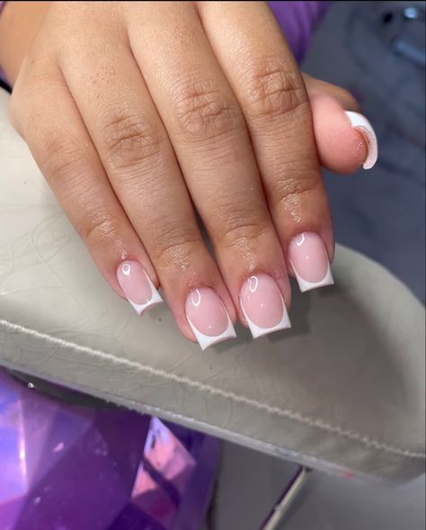 Nail Ideas 2023 Short Nails, Different Type Of French Tip Nails, Short French Tip Acrylic Nails With Heart, Small Nails French Tip, White French Tip Nails With Pink, Birthday Oval Nails, Nurse Nail Ideas, Short Frenchies Acrylic Nails, Shorts Square Nails