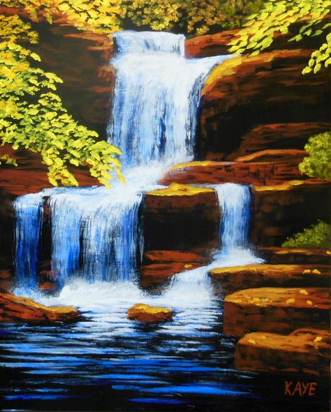 Water Falls Drawing, Water Falls Painting, Falls Drawing, Waterfall Painting, Sunset Canvas Painting, Nature Waterfall, Waterfall Paintings, Matka Natura, Waterfall Landscape