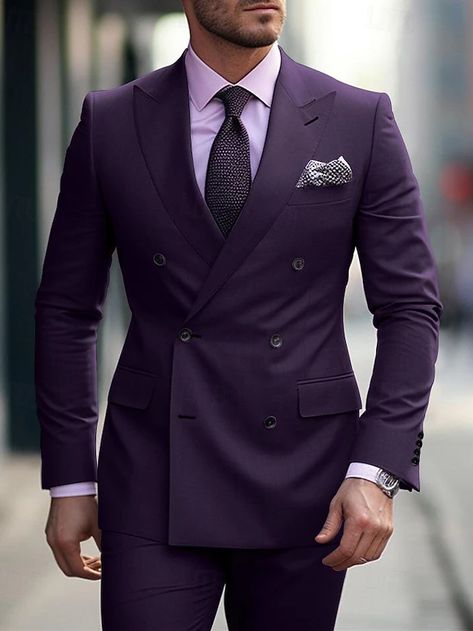 Burgundy Grape Purple Men's Wedding Suits Solid Colored 2 Piece Daily Business Tailored Fit Double Breasted Six-buttons 2024 2024 - $138.99 Burgandy Suit Men, Color Uva, Confident Man, Cheap Suits, Fashion City, Purple Suits, Suits Men, Designer Suits For Men, Men Suit