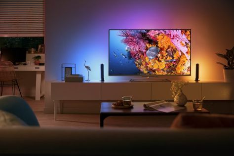 The Complete Guide to Philips Hue 2023 - 2024 Gallery Wall Themes, Tv A Muro, Tv Fal, Philips Hue Lights, Tv Lighting, Hue Lights, Modern Tv Wall, Shiplap Accent Wall, Tv Room Design