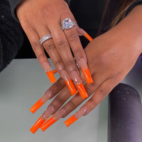 Orange Ombre Nails With Rhinestones, Orange Acrylic Nails, Orange Nail Designs, Orange Nail, Long Acrylic Nail Designs, Drip Nails, Baddie Nails, Nails Design With Rhinestones, Dope Nail Designs