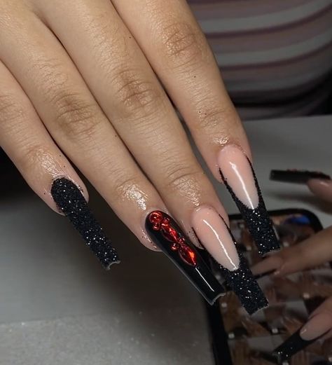 Black Nails Red Underneath, Nails Red Underneath, Nails For Black Prom Dress, Simple Red And Black Nails, Black Nails With Red Rhinestones, Red Bottoms Nails, Fancy Nail Designs, Nails Acrylic Long, Red Bottom Nails