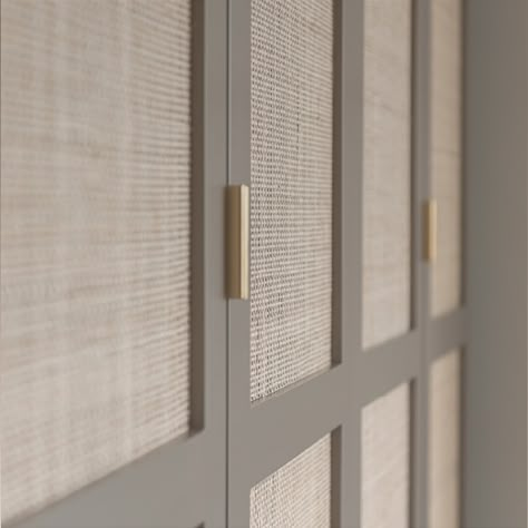 Fabric Covered Closet Doors, Slat Bifold Door Makeover, Beautiful Closet Doors, Custom Pax Doors, Coastal Interior Doors, Alternative To Bifold Closet Doors, Cane Wardrobe Doors, Add Doors To Bookshelf Diy, Rattan Closet Doors