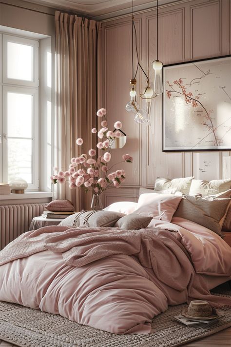 Blush Haven • Morning light pours in, adding a glow to a room awash with blush tones • A luxuriously soft duvet in dusty rose lies in gentle folds, promising warmth and comfort • Delicate pink blossoms in a clear vase whisper of spring, while abstract art adorns the paneled wall • Unique pendant lights dangle with an artistic flair • This sanctuary marries the romance of rosy hues with the sophistication of modern design, creating a dreamy retreat where one can unwind in style. Dusty Rose Bedroom Ideas Boho, Pink And Champagne Bedroom, Rose Colored Bedroom Ideas, Muted Pink Bedroom Walls, Chic Feminine Bedroom, Modern Blush Bedroom, Girly Modern Bedroom, Dusty Mauve Bedroom, Pink And Beige Room