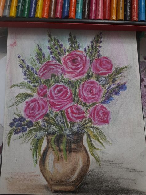 Drawing with oil pastels Drawing With Oil Pastels, Basket Drawing, Vase Painting, Soft Pastel Art, A Level Art Sketchbook, Color Drawing, Rose Drawing, Oil Pastel Drawings, Small Canvas Art