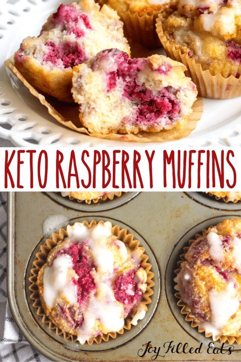 Keto Raspberry Muffins are bursting with raspberries and are drizzled in a homemade glaze. Soft, tender muffins are delicious for breakfast, brunch, or an easy snack idea. They easily fit into diets that are gluten free, keto, dairy free, sugar free, and THM. Keto Raspberry Muffins, Raspberry Cream Cheese Muffins, Thm Muffins, Keto Dairy Free, Raspberry Muffin Recipes, Low Carb Muffin Recipes, Homemade Glaze, Keto Raspberry, Keto Dairy