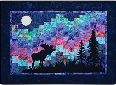 Northern Lights quilt pattern, 33.5 x 24.5,  by Marie Noah at Northern Threads.  Posted at Quilt Inspiration: The Great Outdoors Part 3 Northern Lights Quilt Pattern, Northern Lights Quilts, Moose Quilt, Wildlife Quilts, Bargello Quilt Patterns, Watercolor Quilt, Bargello Quilt, Bargello Patterns, Bargello Quilts