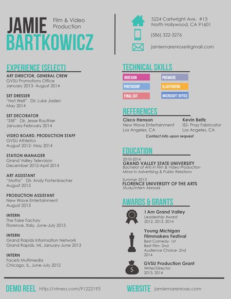 Film/Art Director Resume http://www.jamiemarenrose.com/ Film Resume, Cool Resume, Resume Inspiration, Director Resume, Life Admin, Work Resume, Graphic Design Cv, Resume Ideas, Rose Template