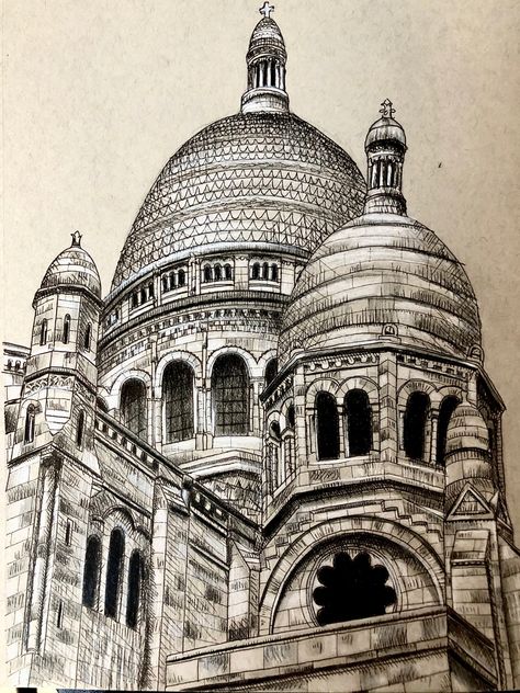 Biro Drawing Building, Paris Drawing Sketches, French Buildings Drawing, Pen Building Drawing, Paris Sketch Pencil, Paris Architecture Drawing, Paris Drawing, St Pauls Cathedral London Sketch, Micron Pen Art