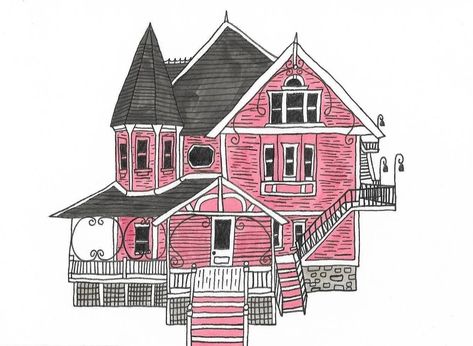 Pink Palace Apartments, Coraline House, Coraline Drawing, The Pink Palace, Coraline Tattoo, Coraline Art, Coraline Jones, Pink Palace, House Sketch