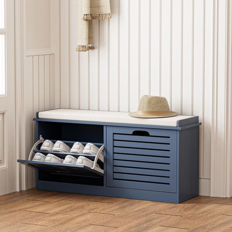 PRICES MAY VARY. [Flip Drawers Shoe Bench] Featuring with 2 flip drawers, this shoe storage bench can store up to 8 pairs of shoes, keep your shoes well organized and reduce clutter. The shelf in each drawer is removable or 2-position adjustable to meet your different shoes storage needs, from slippers to high heels. More importantly, this shoe bench can store men's shoe up to size 10.5. [Sturdy Construction] Crafted of MDF material, the surface is finely polished and the edges are sanded, smoot Front Door Shoe Storage Outdoor, Front Door Shoe Storage Ideas, Outdoor Shoe Rack Ideas Front Porches, Outside Shoe Storage Ideas Porches, Mudroom Blue, Outdoor Shoe Storage Ideas, Entry Way Shoe Storage Ideas, Shoe Storage Hidden, Front Door Shoe Storage