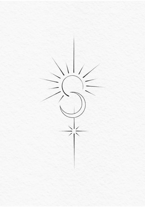 Divine Union Tattoo, Feminine Sagittarius Tattoo, Simple Line Work Tattoo Design, Black And White Sun Tattoo, Sonne Mond Tattoo, Simbols Tattoo, Tattoo Sonne, Small Star Tattoos, Tattoos To Cover Scars