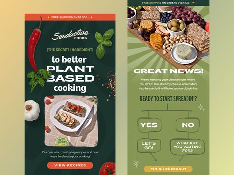 Seeductive Foods – Onboarding Email Flows by Janna Hagan ⚡️ Email Advertising, Cheese Alternative, Email Layout, Digital Advertising Design, Email Design Inspiration, Email Newsletter Design, Email Marketing Design, Newsletter Design, Email Design