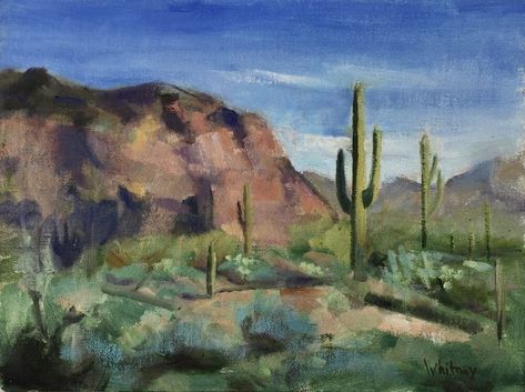 Desert and Saguaro off Peralta Trail Road in Suspersition Mountains AZ original oil done en plein air Mountain Oil Painting, Desert Landscape Painting, Desert Canyon, Canyon Landscape, Superstition Mountains, Arizona Landscape, Desert Mountains, Dream Painting, Cactus Painting