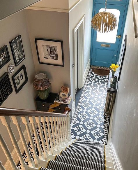 Love this shot from @lauracavehome of her lovely hallway, featuring our Kent print in lovely navy 🥰 #hallwaydecor #hallwayinspo #bluehallway #kentart #kentprint #hallwayart #hallwayprint #bluefrontdoor #stripedstairs #stairrunner #stripedstairrunner #blackandwhitestripes #greywalls #greyhallway Dark Green And Black Hallway, Black Trim Interior Green Walls, Black Baseboards Green Walls, Green And Black Hallway Ideas, Sage Green And Black Hallway, Black Skirting Boards Hallway, Green Walls Black Trim, Dark Academia Hallway, Dark Green Hallway