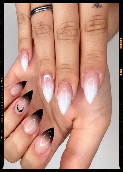 Black And White Moon Stiletto Nails Black And White Moon Nails, White Witchy Nails, Black And White Almond Nails Design, White Moon Nails, One Hand Black One Hand White Nails, Half Black Half White Nails, Unicorn Nails Short, Gothic Nail Designs, White Stiletto Nails