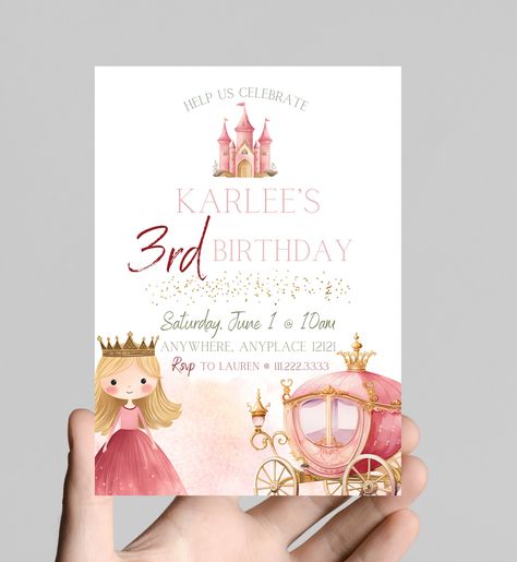 Princess theme birthday invitation, Princess castle, carriage, gold glitter, pink Princess, little girl birthday party, customizable Princess Theme Birthday Invitation, Dates Background, Birthday Invitation Princess, Princess Theme Birthday, 1st Birthday Party Invitations, Princess Theme, Princess Castle, Beautiful Invitations, Girl Birthday Party