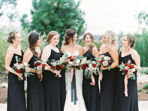 Black Bridesmaid Dresses Red Bouquet, Black Bridesmaid Dresses With Red Roses, Black Bridesmaid Dresses Red Flowers, Black Bridesmaid Dresses Pink Flowers, Black Dress Red Flowers, Reception Only Wedding, Mauve Bouquet, Black Satin Bridesmaid Dress, Bridesmaids In Black