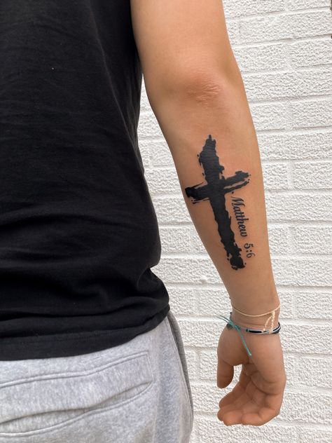 Men Tattoo Placement Small, Men Tattoo Ideas Cross, Tattoo The Cross, Christianity Tattoos For Guys, First Forearm Tattoo Ideas Men, Men Legs Tattoo, Lord’s Prayer Tattoo, Forearm Bible Verse Tattoo Men, Male Cross Tattoos