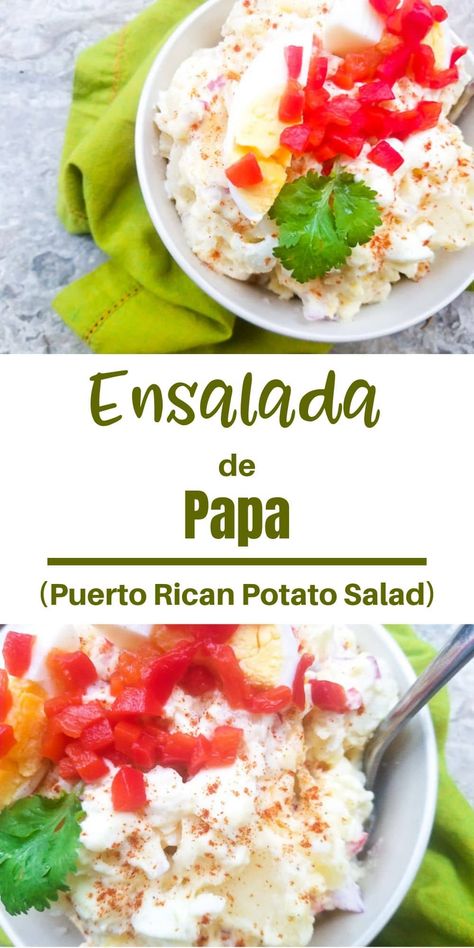 This Ensalada de Papa (Puerto Rican Potato Salad) is creamy and all kinds of delicious!  Made with boiled potatoes, red onions, red peppers, boiled eggs, mayonnaise, vinegar, salt and pepper.  A yummy, no fuss potato salad.  The perfect side to any meal! #ensaladadepapa #ensaladas #ensaladasdepapa #puertoricanpotatosalad #thanksgiving #thanksgivingfood #thanksgivingdishes #thanksgivingsides #christmasdishes #christmasrecipes #christmassidedishes #puertoricanfood #mexicanappetizersandmore Puerto Rican Potato Salad, Puerto Rican Cuisine, Mexican Appetizers, Boricua Recipes, Making Mashed Potatoes, Puerto Rican Recipes, Hispanic Food, Thanksgiving Dishes, Cuban Recipes