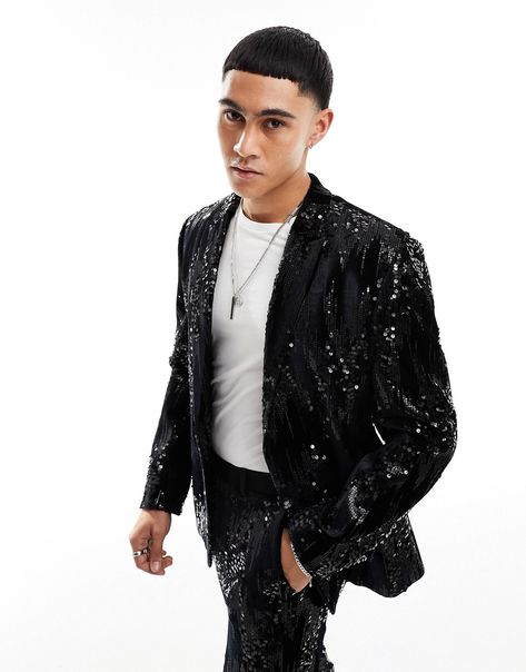 ASOS DESIGN slim scattered sequin suit jacket in black | ASOS Glitz And Glam Outfit For Men, Glam Rock Outfit Men, Rock Outfit Men, Glitz And Glam Outfit, Glam Party Outfit, Glam Rock Outfits, Sequin Suit, Party Outfit Men, Sequin Vest