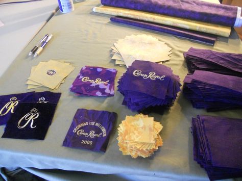 quilt made out of crown royal bags | Here are all the Crown squares cut! Crown Royal Diy, Crown Royal Crafts, Crown Royal Quilt, Quilt Diy, Crown Royal Bags, Royal Pattern, Crown Crafts, Fabric Dyeing, Diy Crown