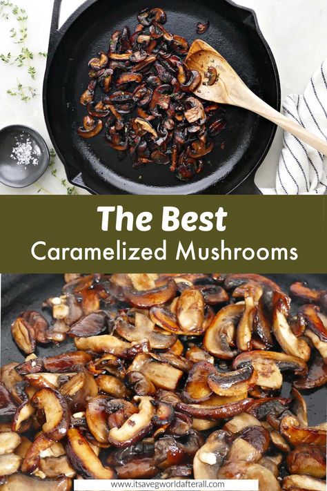 caramelized mushrooms separated by text box with recipe name Caramelized Mushrooms, Balsamic Vinegar Recipes, Gf Dinner, Easy Vegetable Side Dishes, Plant Based Recipes Easy, Stuffed Mushroom, Fast Dinner Recipes, Healthy Vegetable Recipes, Fast Dinners