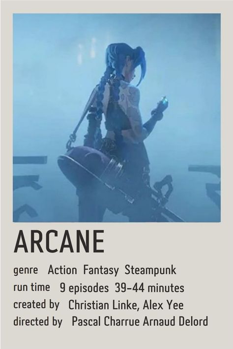 Movie Info Cards, Arcane Poster, Aesthetic Polaroid, League Of Legends Poster, Tv Poster, Arcane League Of Legends, Movie Card, Film Song, Movie Info