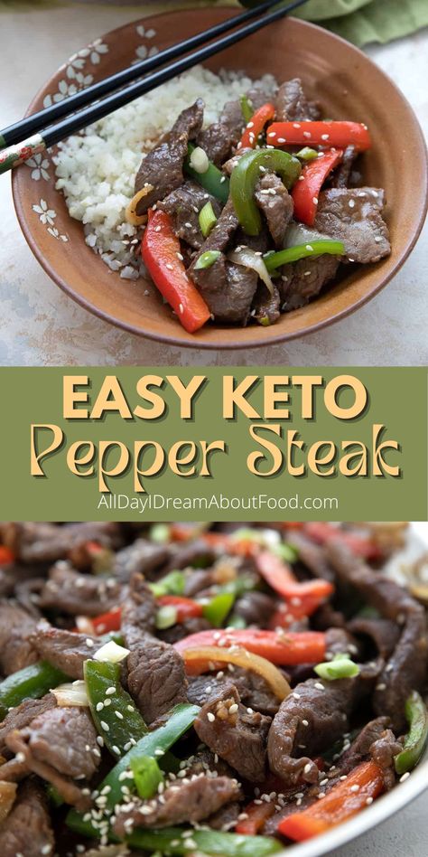 Experience a flavor explosion with this Easy Chinese Pepper Steak. With a few small changes, it's easy to make this classic take out dish into a keto friendly meal the whole family will love! Keto Pepper Steak, Peper Steak, Carolyn Ketchum, Keto Meats, Keto Chinese, Keto Entrees, Healthier Me, Chinese Pepper Steak, Keto Meat