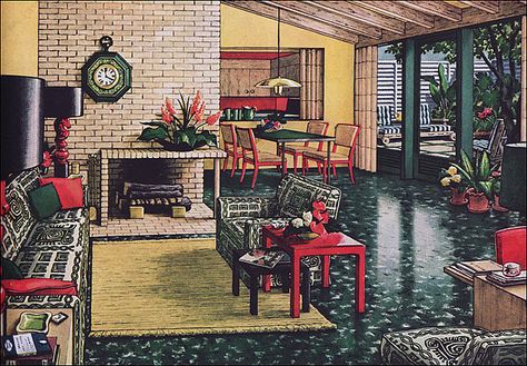 1950 Living & Dining Room with Armstrong Asphalt Floor Retro Homes, Living Vintage, Vintage Architecture, Vintage Industrial Decor, Vintage Industrial Style, Living Room Decor Inspiration, Mid Century Living, Mid Century Living Room, Retro Interior