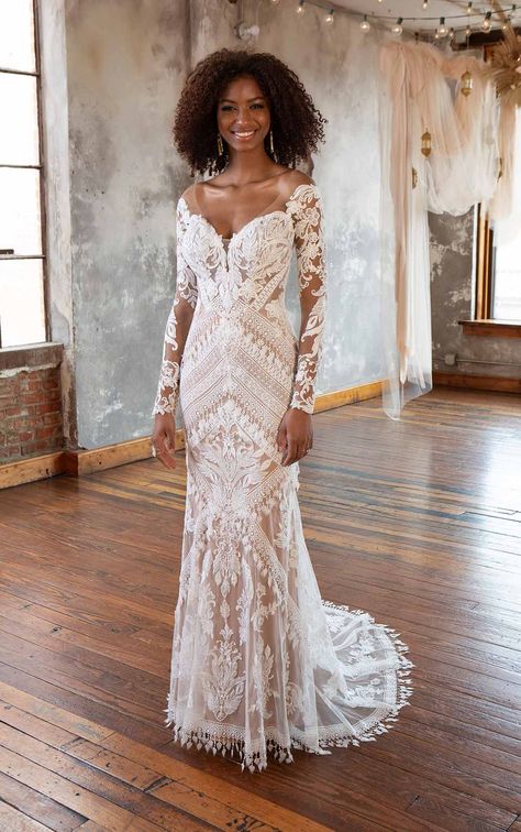 Long Sleeve Boho Lace Column Wedding Dress with Sweetheart Neckline Chic Bridal Dress, Boho Style Wedding Dress, Column Wedding Dress, Boho Wedding Gowns, Boho Style Wedding, All Who Wander, Bridal Elegance, Boho Wedding Dress Lace, Wedding Reception Dress