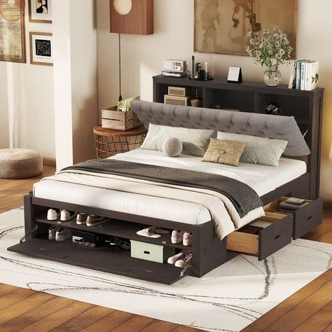 Queen Size Platform Bed with Upholstered Storage Headboard, Shoe Rack and 4 Drawers, Modern Solid Wood Storage Bed Frame - On Sale - Bed Bath & Beyond - 40260595 Storage Bed Queen, Queen Size Platform Bed, Platform Bed With Storage, Bed Frame With Storage, Headboard Storage, Upholstered Storage, Apartment Decor Inspiration, Wood Beds, Furniture Outlet Stores